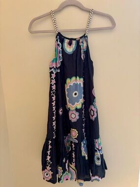 Vilagallo Floral Halter Sundress with Metallic Threading and Braided straps